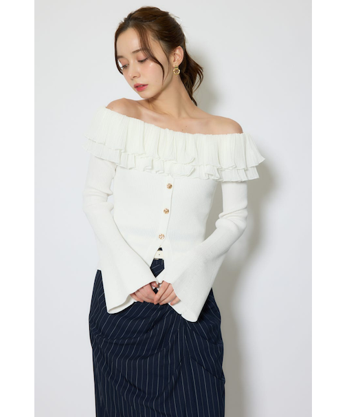 プリーツレースオフショルニットトップス