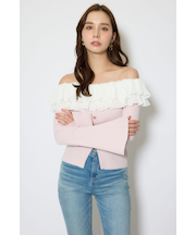 プリーツレースオフショルニットトップス