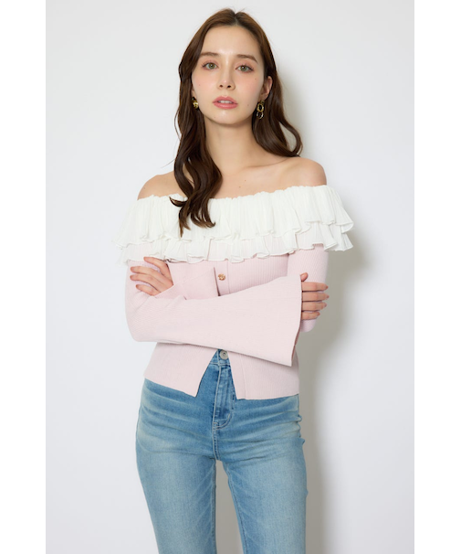 プリーツレースオフショルニットトップス