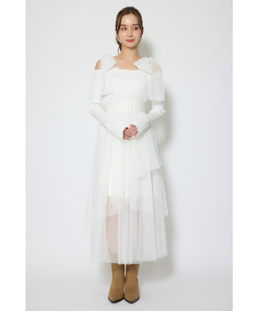 ショルダーリボンチュールニットワンピース