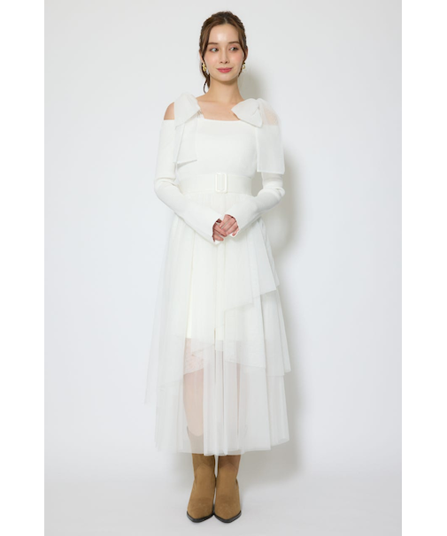 ショルダーリボンチュールニットワンピース