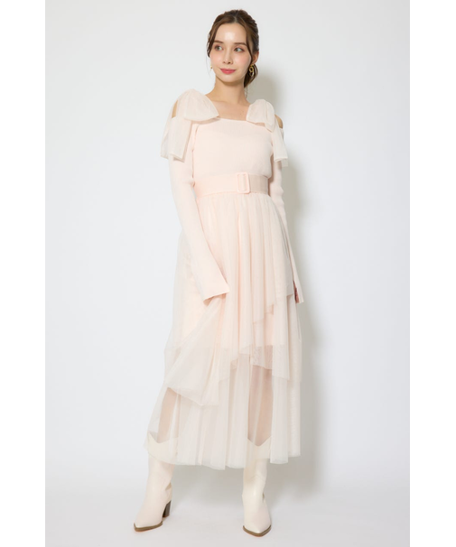 ショルダーリボンチュールニットワンピース