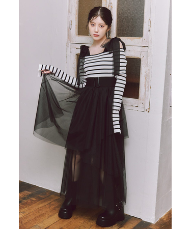 ショルダーリボンチュールニットワンピース