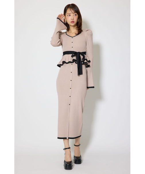 配色ペプラムタイトニットワンピース