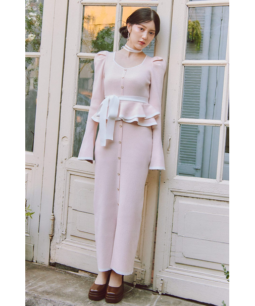 配色ペプラムタイトニットワンピース