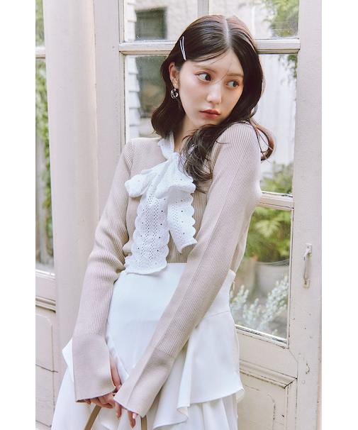 コットンレースリボンニットトップス