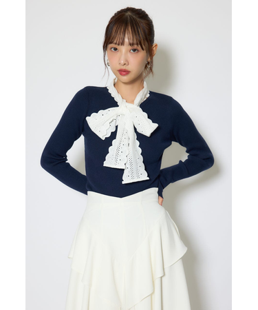 コットンレースリボンニットトップス