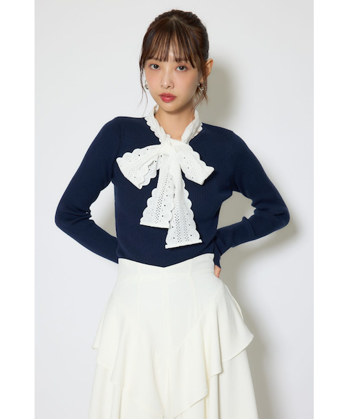 コットンレースリボンニットトップス