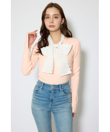 コットンレースリボンニットトップス