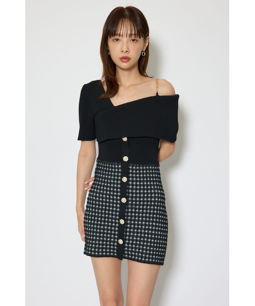 アシンメトリーツイードミニニットワンピース