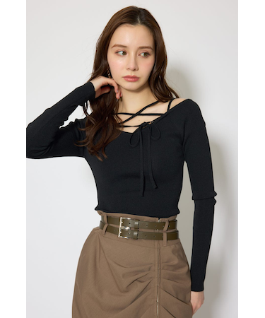 ストリングタイトニットトップス