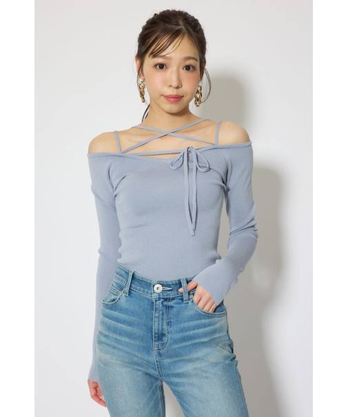 ストリングタイトニットトップス