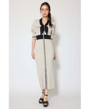 バイカラーパフスリーブタイトニットワンピース