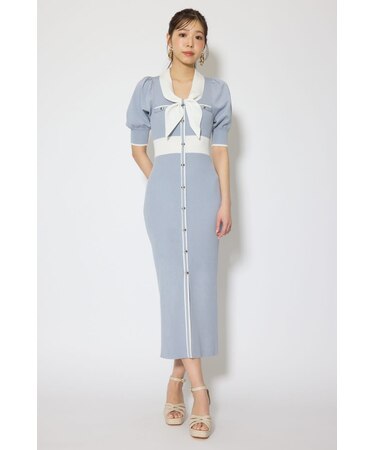 バイカラーパフスリーブタイトニットワンピース