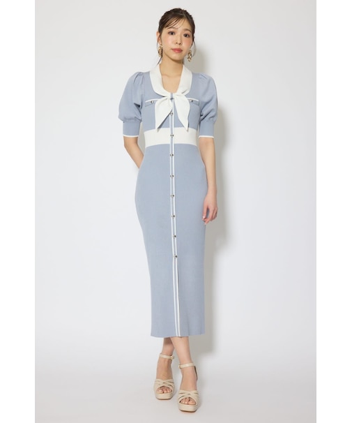 バイカラーパフスリーブタイトニットワンピース