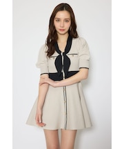 バイカラーパフスリーブミニニットワンピース