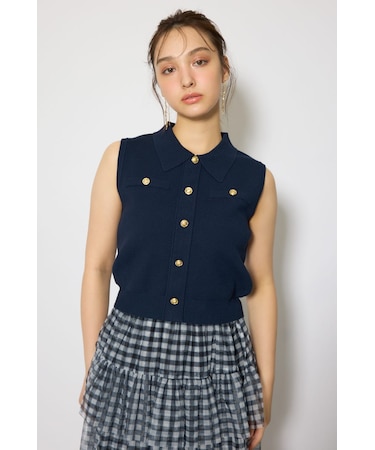 【EC先行発売】ゴールドボタンノースリニットトップス