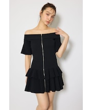 オフショルフロントジップニットミニワンピース