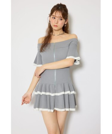 オフショルフロントジップニットミニワンピース