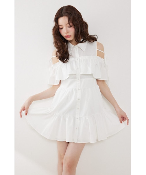 オフショルフリルティアードミニワンピース