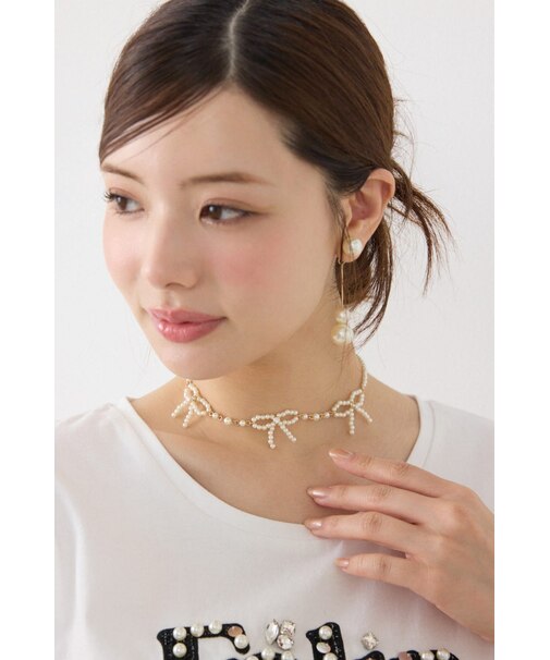 リボンデザインフェイクパールネックレス