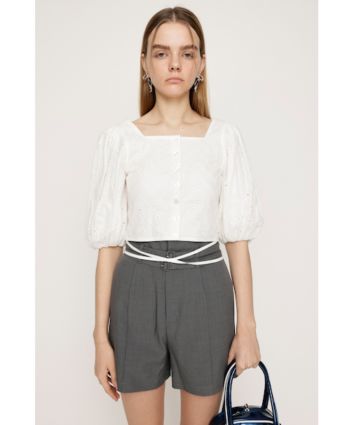 FRONT BUTTON LACE PUFF トップス