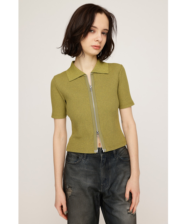 FRONT ZIP CUT RIB トップス