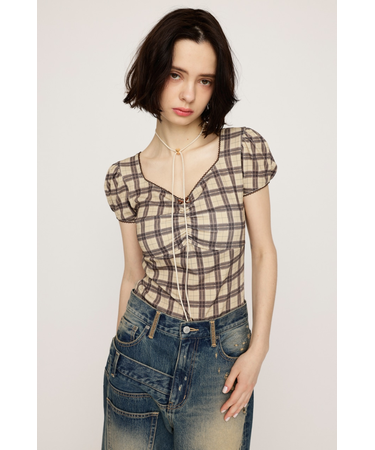 CHECK PRINT PUFF SLEEVE トップス