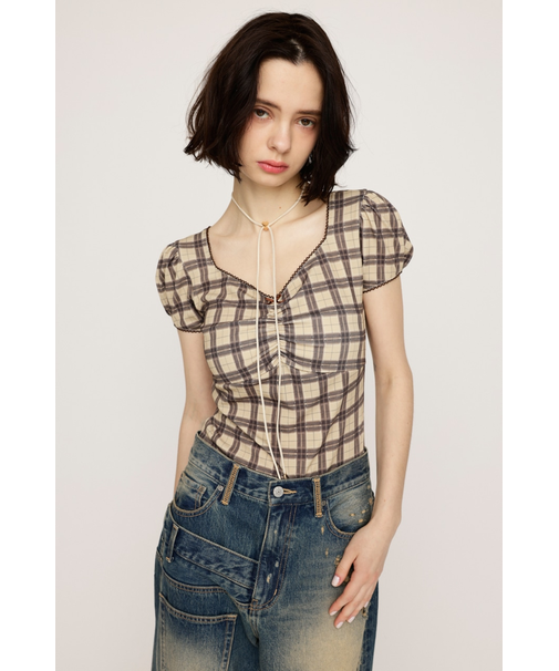 CHECK PRINT PUFF SLEEVE トップス