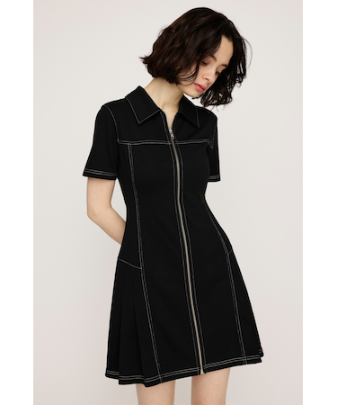 FRONT ZIP SIDE PLEATS ショートワンピース