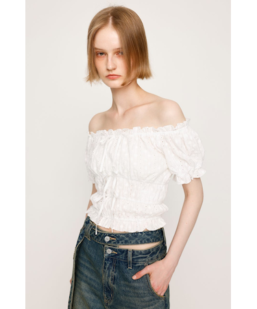 COTTON LACE PUFF SLEEVE トップス
