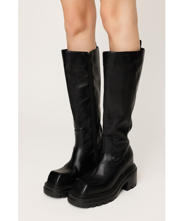 【SNSで話題の美脚チートブーツ！】SQUARE TOE KNEE ブーツ