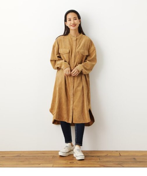 バンドカラーコーデュロイシャツワンピース