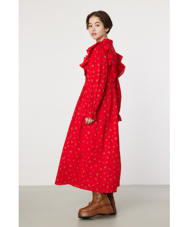 フラワーパターンフリルワンピース