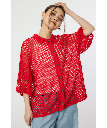 襟付きメッシュニットカーディガン