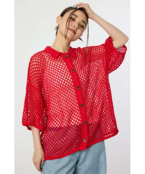 襟付きメッシュニットカーディガン