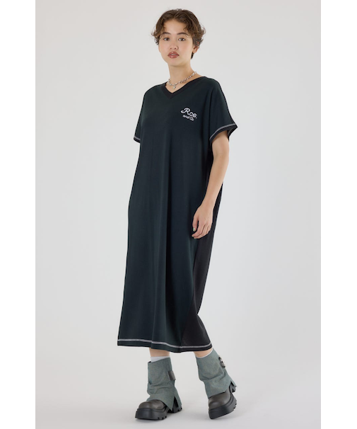 配色ステッチニットコンビワンピース