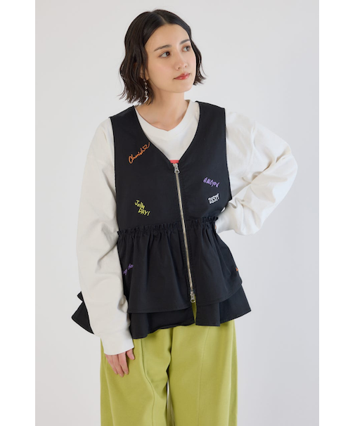embroideryフロントジップベスト