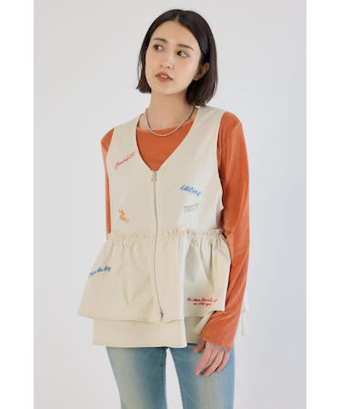 embroideryフロントジップベスト
