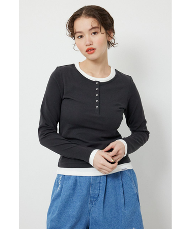 フェイクレイヤードヘンリーネックトップス