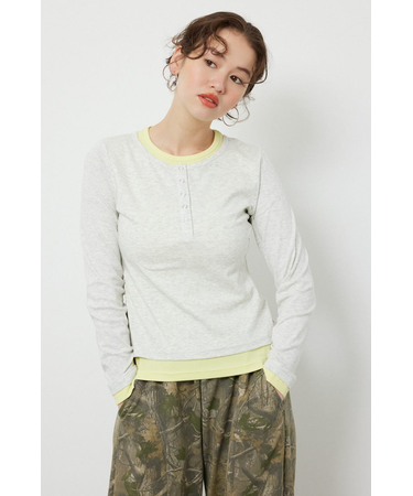 フェイクレイヤードヘンリーネックトップス