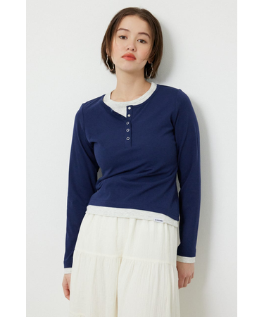 フェイクレイヤードヘンリーネックトップス