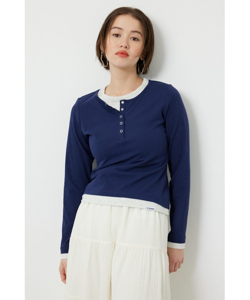 フェイクレイヤードヘンリーネックトップス