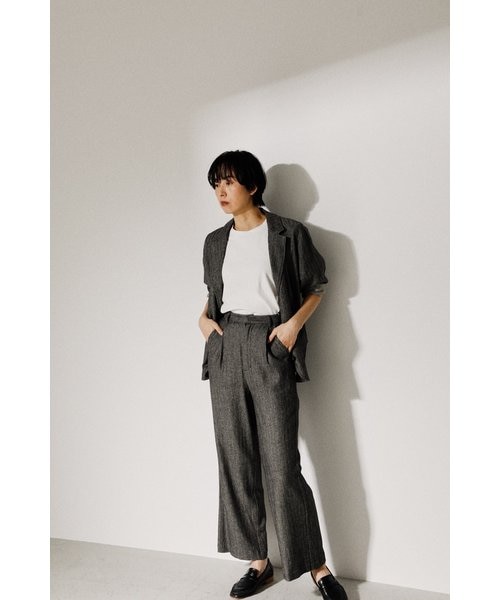 【美品】mon Sakata リネン フカタックパンツ グレー×ブラック ワンタック スラックス メンズ ビジネス 紳士 JAPAN FABRIC