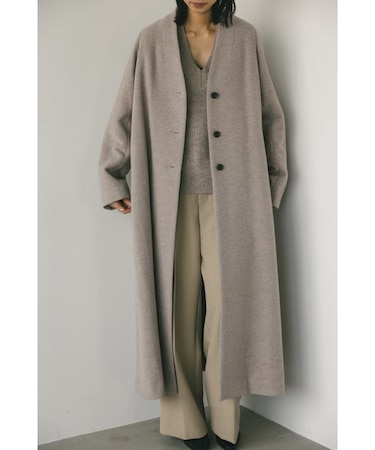 ノーカラーウールロングコート