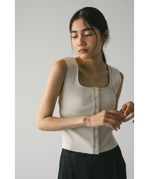 スクエアネックボタンリブタンク