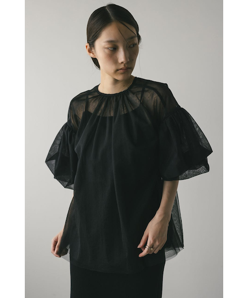 【新品】 24SS ミューベル ギャザースリーブカットソー 白 フリル 刺繍 Ｍ IRMA/イルマ】 立体フラワー刺繍/ ベア/ 2way/ テールカット