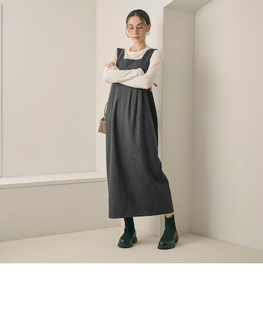 【WEB限定 Wardrobe DAILY MINIMAL】ウールライクメランジ スクエアネックワンピース ウォッシャブル