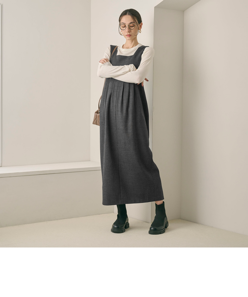 【WEB限定 Wardrobe DAILY MINIMAL】ウールライクメランジ スクエアネックワンピース ウォッシャブル