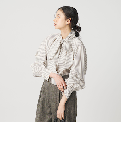 コットン ソリッド&ストライプ ボウタイブラウス